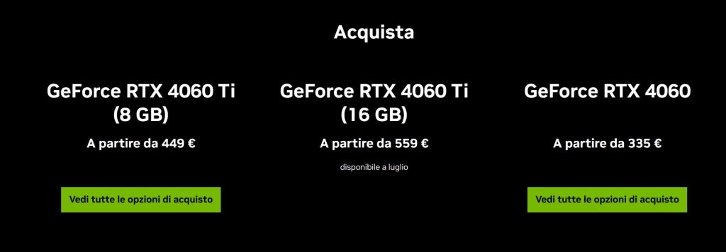 Prezzi RTX 4060 dal sito ufficiale Nvidia